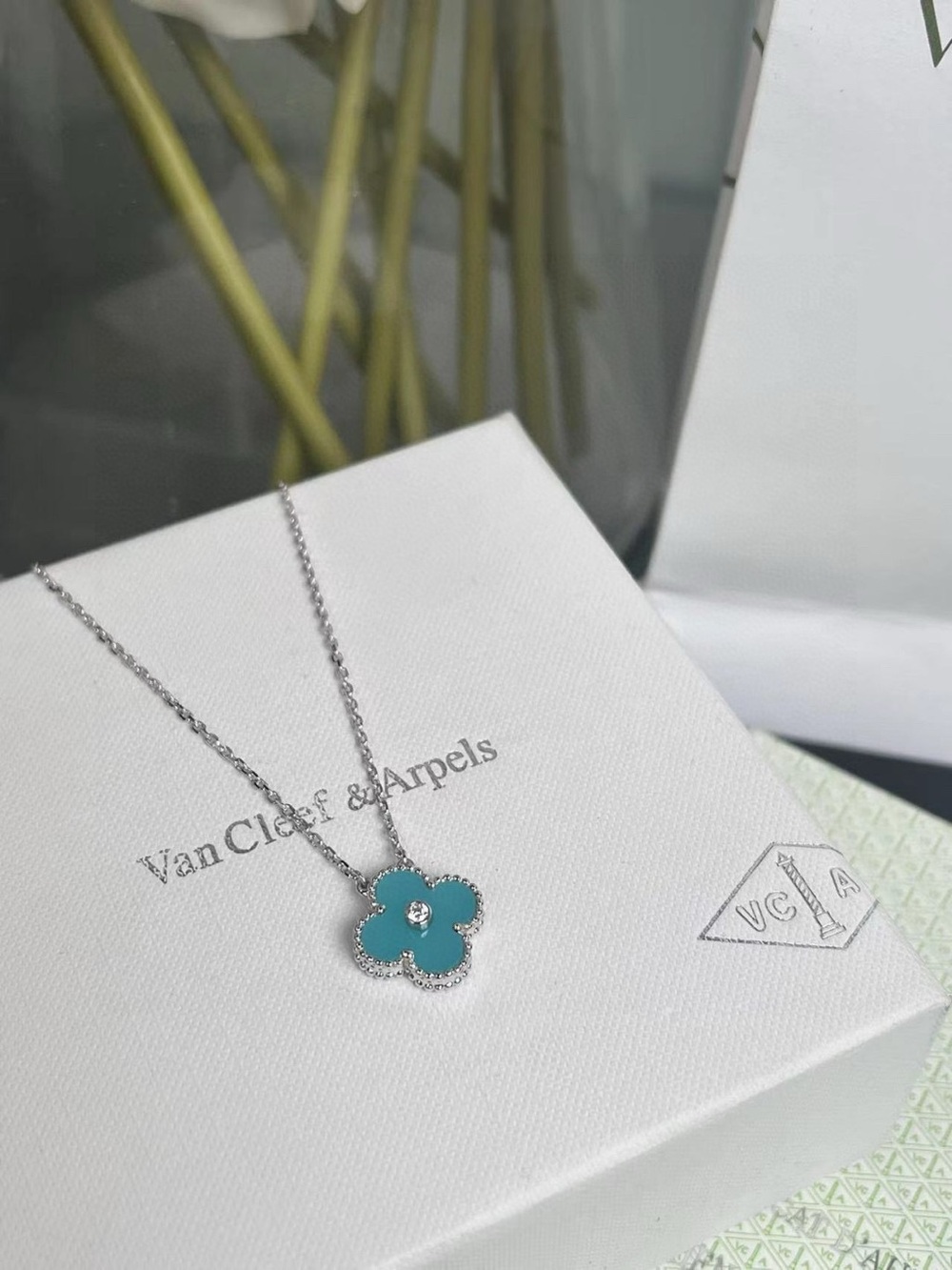 Van Cleef & Arpels Turquoise Four-Leaf Clover Pendant Necklace - Silver